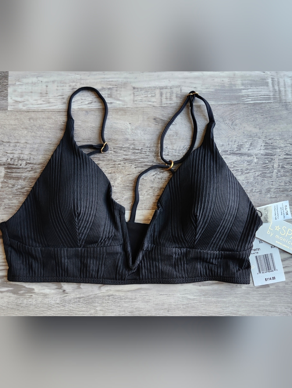 LSPACE Monica Wise Siren Bikini Top Black Ribbed Strappy NWT $114